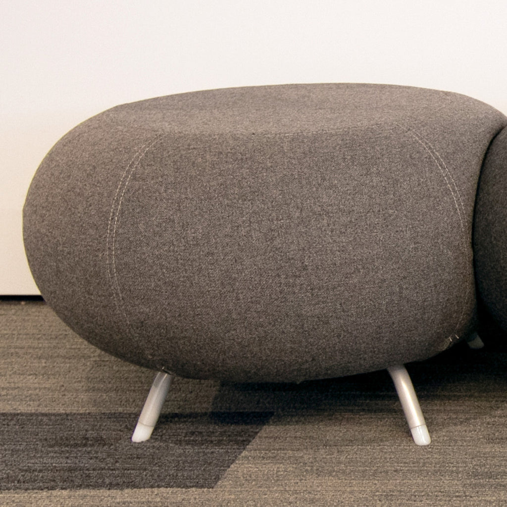 Allermuir pebble is a fun stool with a scalloped edge that can be nestled together. Showing in grey wool upholstery.