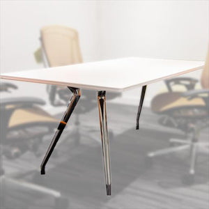 White laminate meeting table with flared chrome legs and adjustable glides