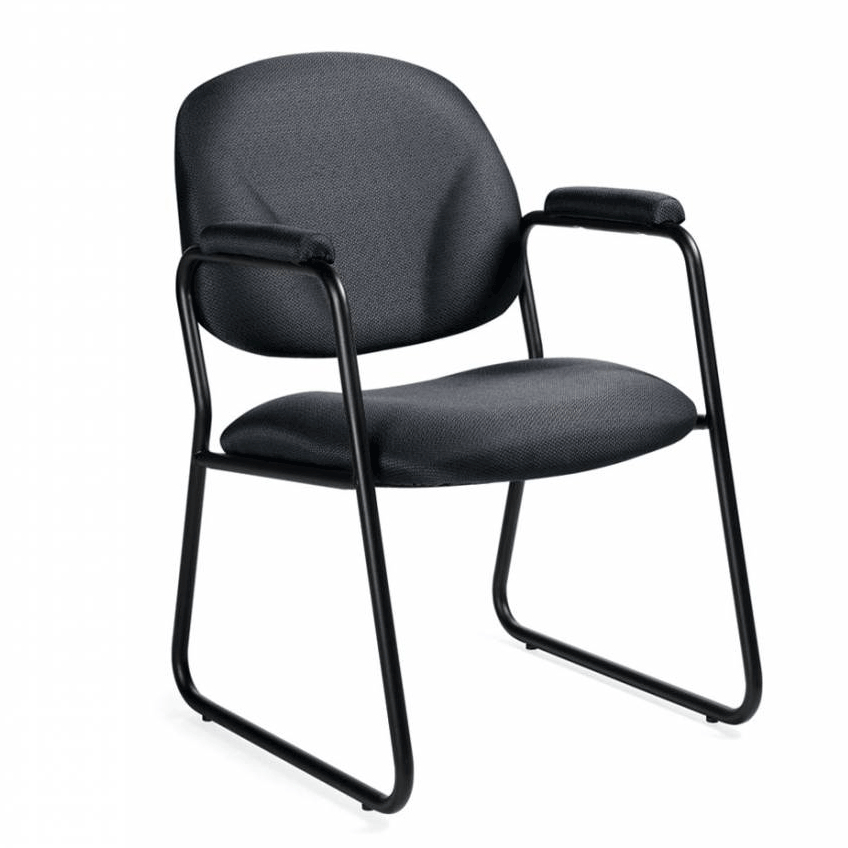 Side view of black Global Solo guest chair with upholstered arms and sled base