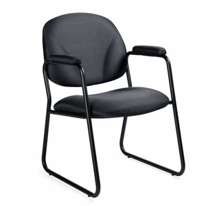 Side view of black Global Solo guest chair with upholstered arms and sled base