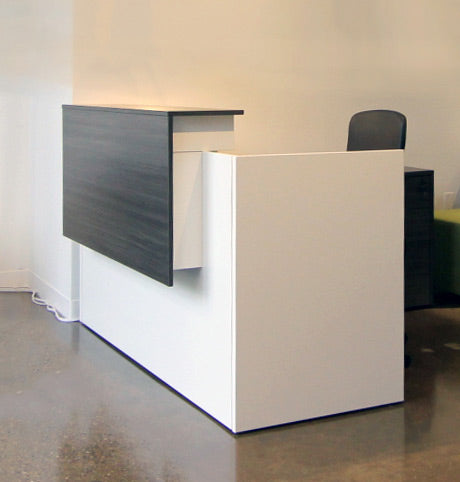 L-shaped duo-tone reception desk showing transaction counter and gallery surround.