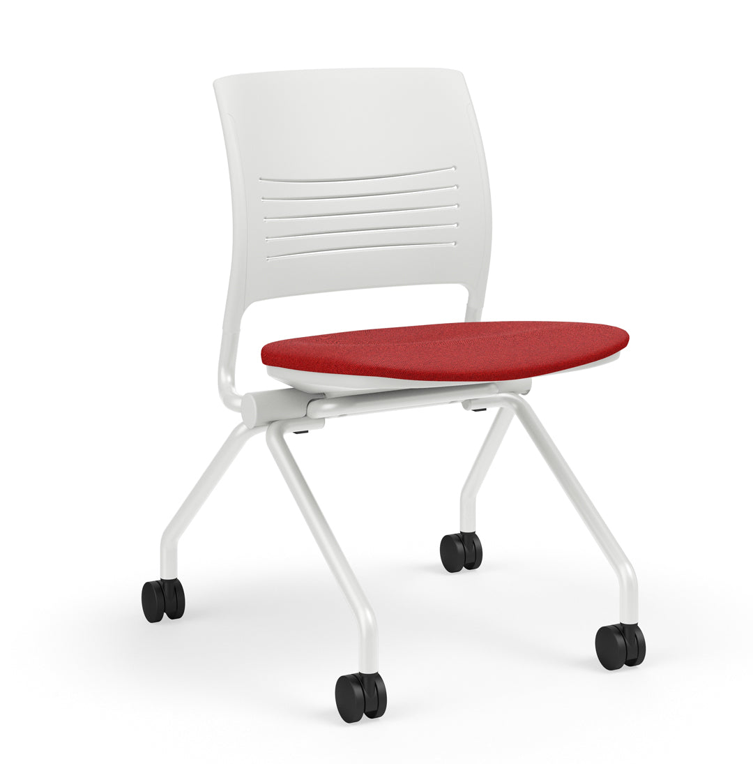 KI Strive armless nesting  chairs white frame and red upholstery