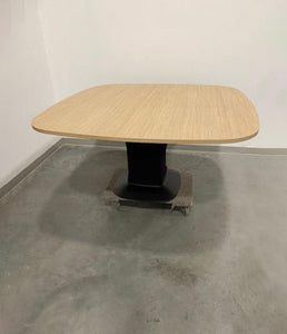 Maple finish square meeting table with radius corners on a black solid metal base