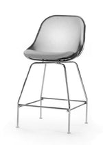 Load image into Gallery viewer, Counter stool upholstered in grey with steel mesh back and aluminum legs with white plastic glides
