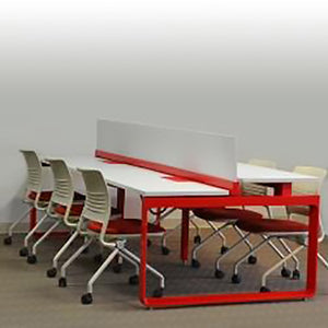 Double-sided working bench with adjustable cantilevers, frosted glass divider and loop leg assembly